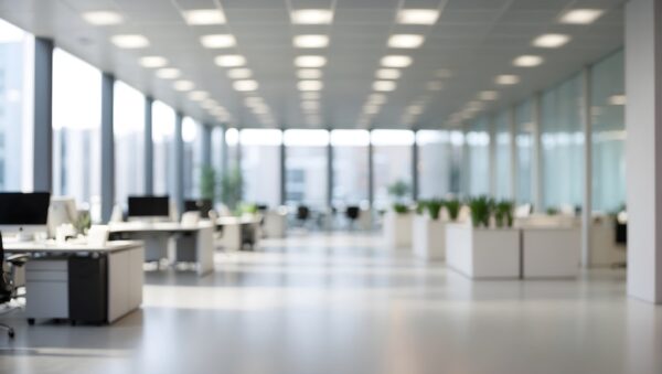 Blurred empty open space office. Abstract light bokeh at office interior background for design.