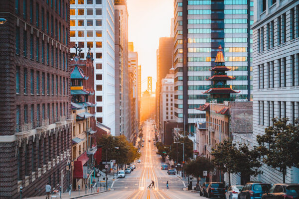 Downtown San Francisco with California Street at sunrise, San Francisco, California, USA