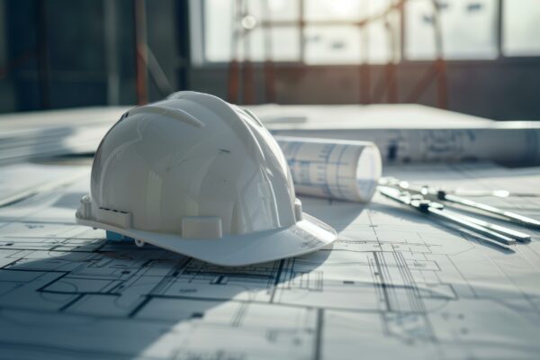White hardhat lying on construction plans on table at workplace