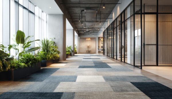 Modern office hallway with geometric carpet, large windows, potted plants, and glass-walled offices