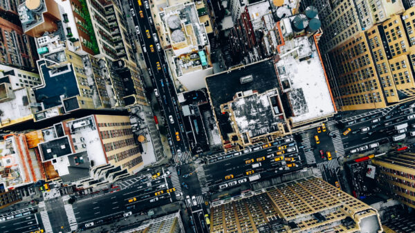 Aerial view of New York downtown building roofs. Bird’s eye view