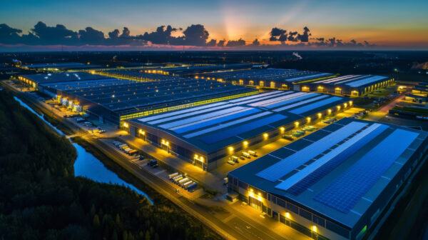 An expansive industrial complex illuminated at dusk, featuring warehouses and logistics centers. industrial real estate