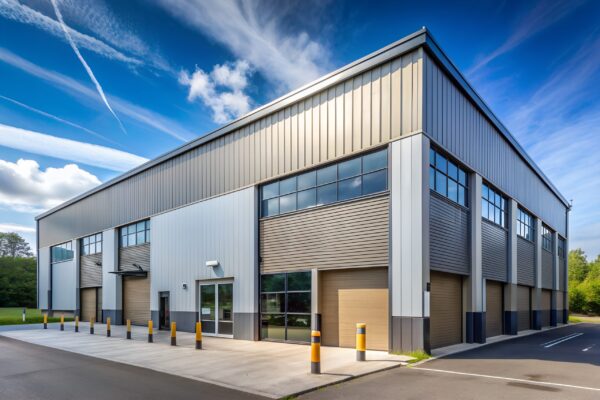 Exterior of a modern warehouse with a small office unit warehouse