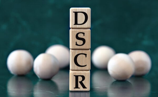 DSCR – acronym on wooden cubes on a green background with wooden balls
