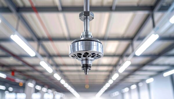 A FlyPro Firefly Silver metal sprinkler head with intricate nozzle design, professionally captured and mounted on a ceiling, illuminated by ambient room light. warehouse sprinklers